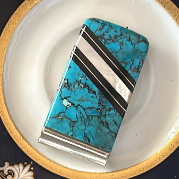 Vintage Inlaid Turquoise Black Onyx & MOP Money Clip - Picture 2 of 8